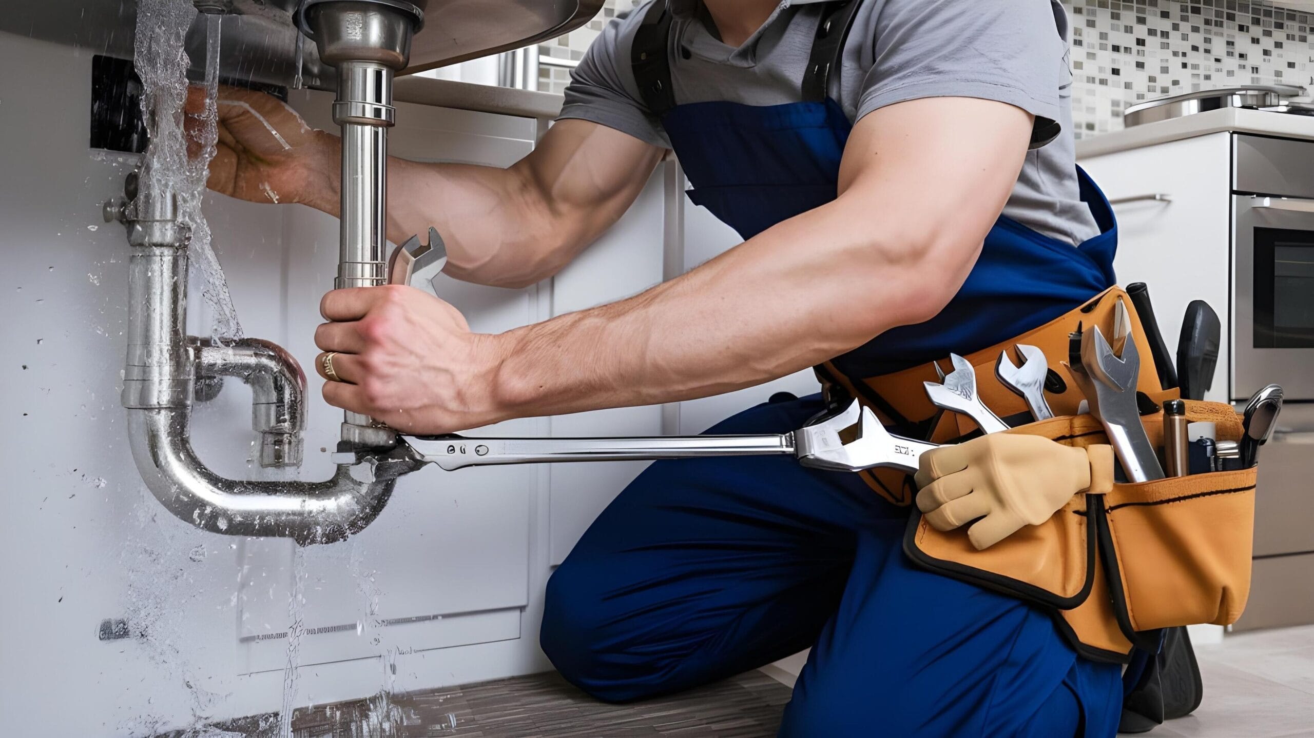 Plumber tightening a residential plumbing pipe in Broomfield