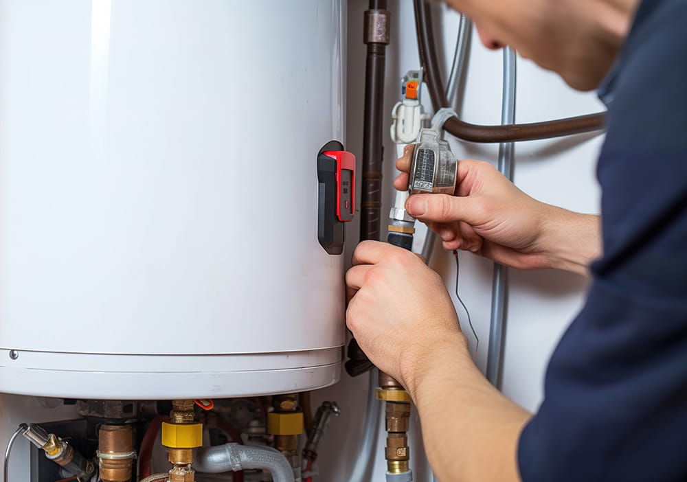 Technician repairing pipes connected to a water heater in Broomfield